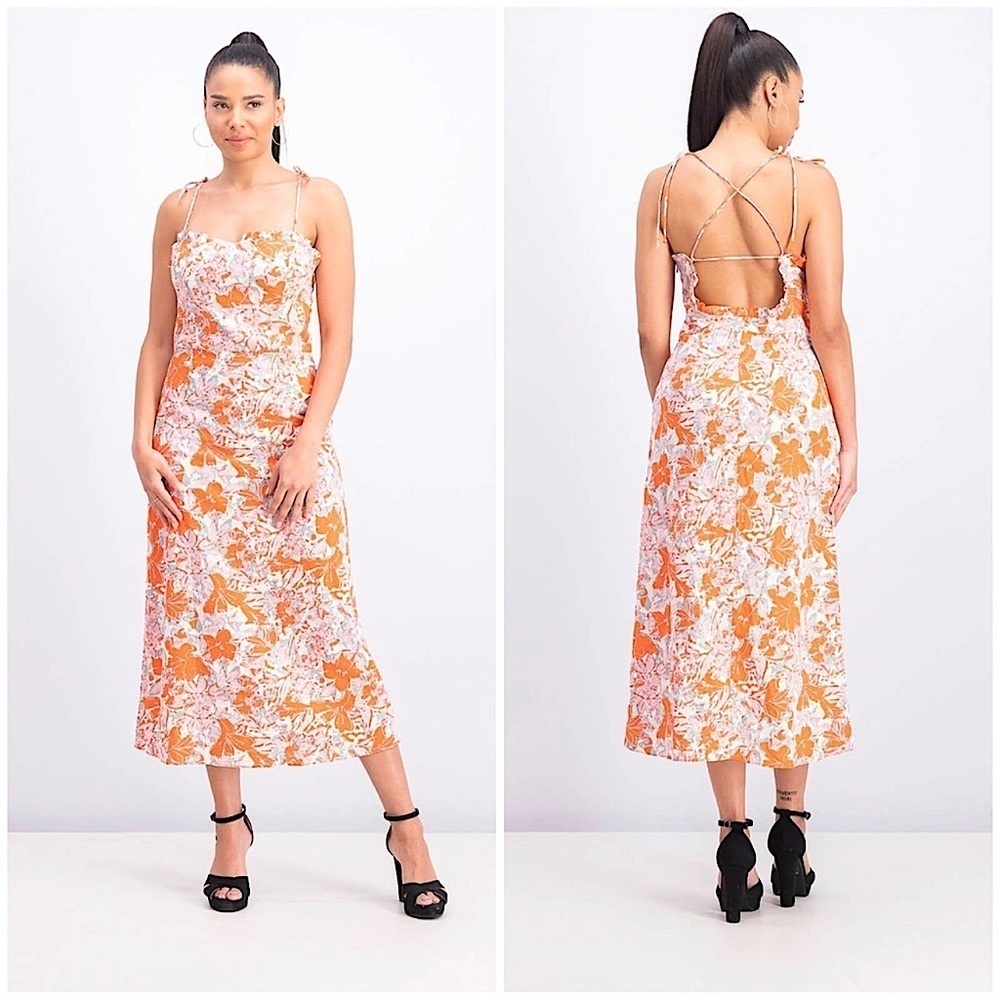 Free People Linen Beach Party Tie Shoulder back Midi Dress boho cottage floral 2
